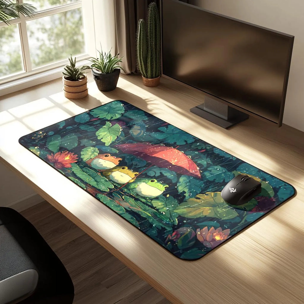 Frogs in the Rain Desk Mat