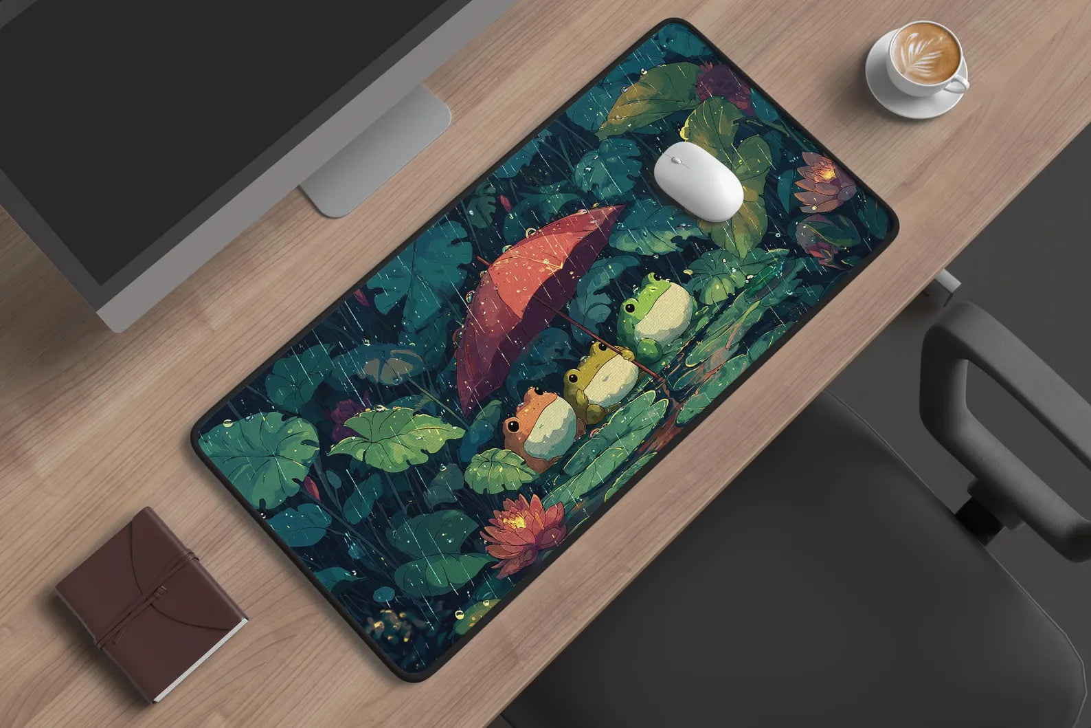 Frogs in the Rain Desk Mat