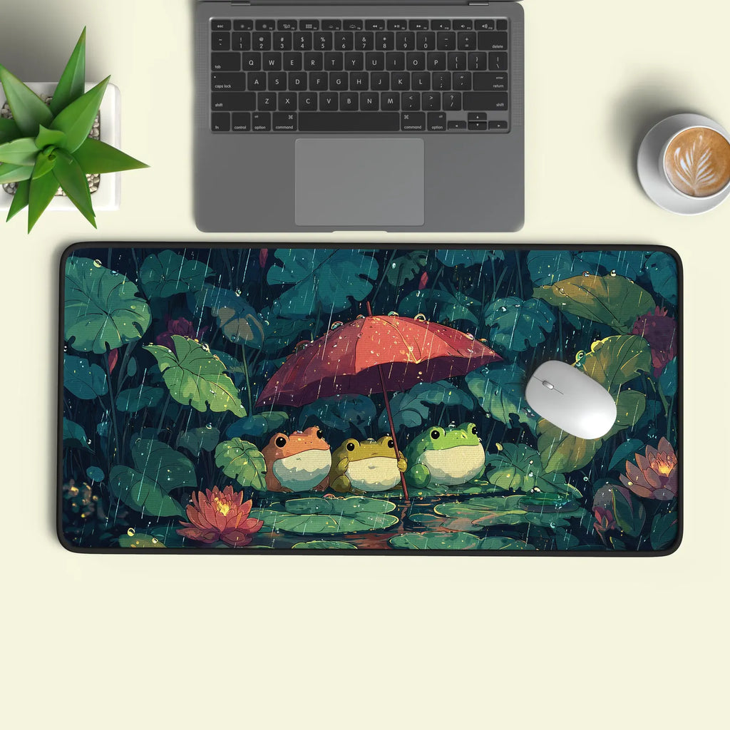 Frogs in the Rain Desk Mat