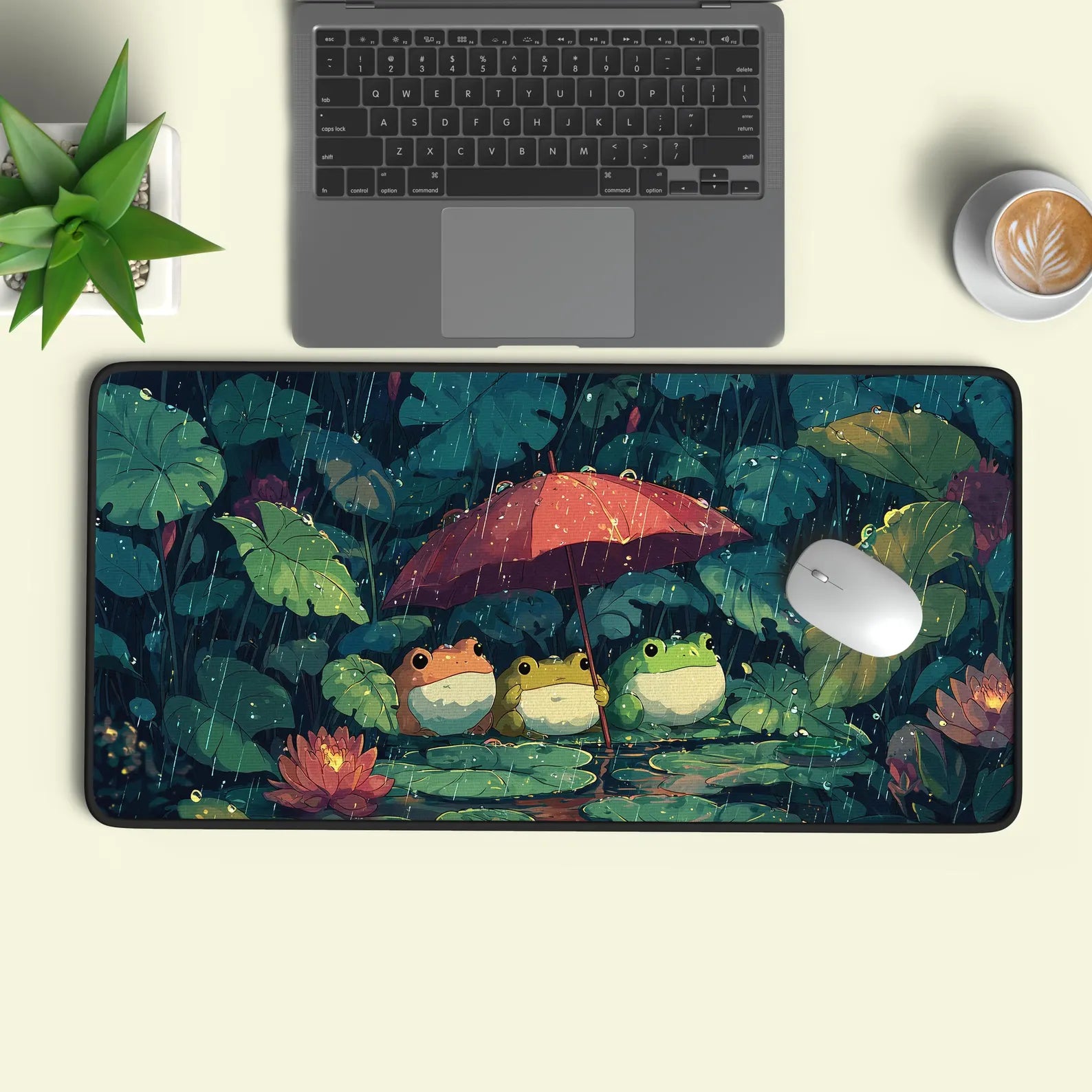 Frogs in the Rain Desk Mat